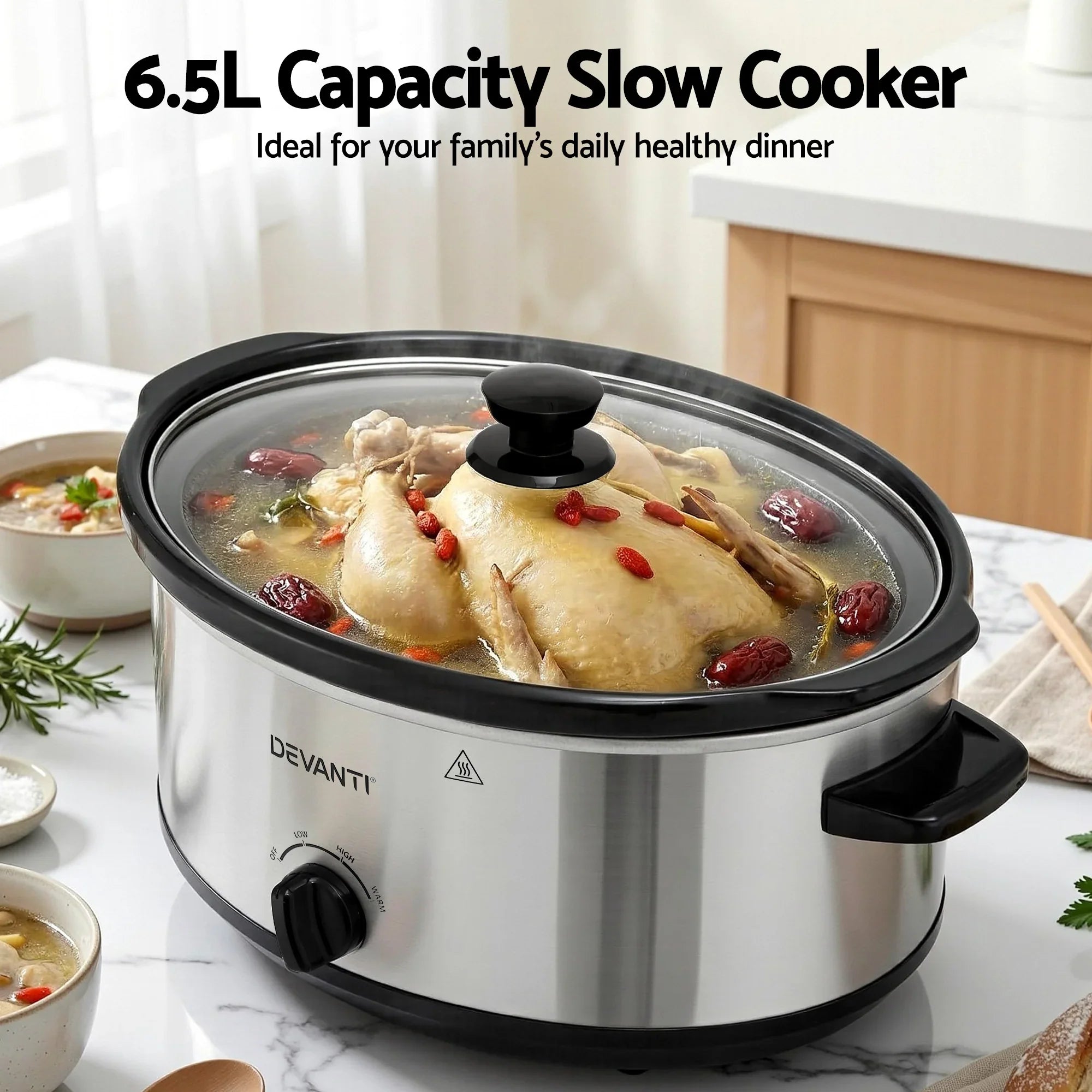 6.5L Slow Cooker Electric Multi Cooker with 3 Heat Settings and Keep Warm Function