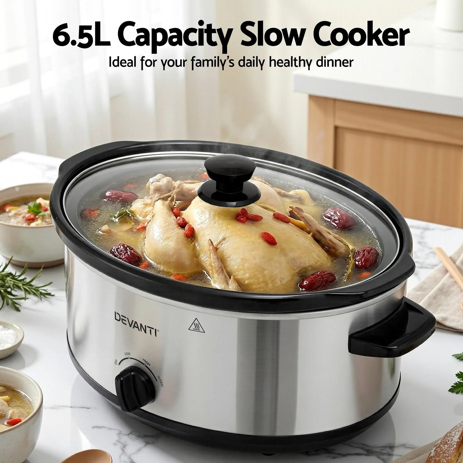 6.5L Slow Cooker Electric Multi Cooker with 3 Heat Settings and Keep Warm Function