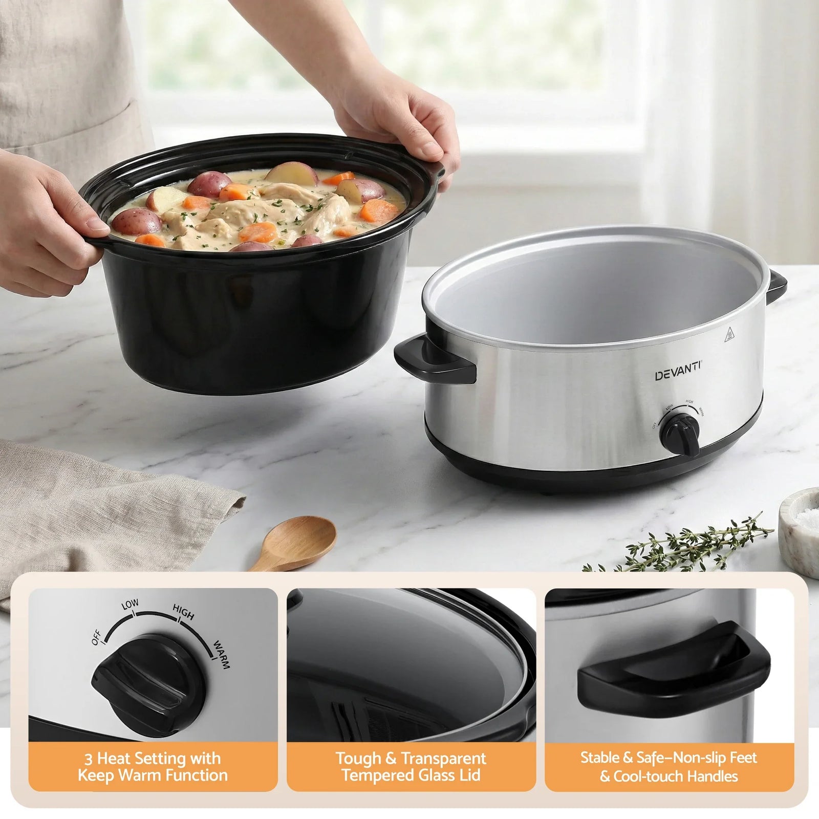 6.5L Slow Cooker Electric Multi Cooker with 3 Heat Settings and Keep Warm Function