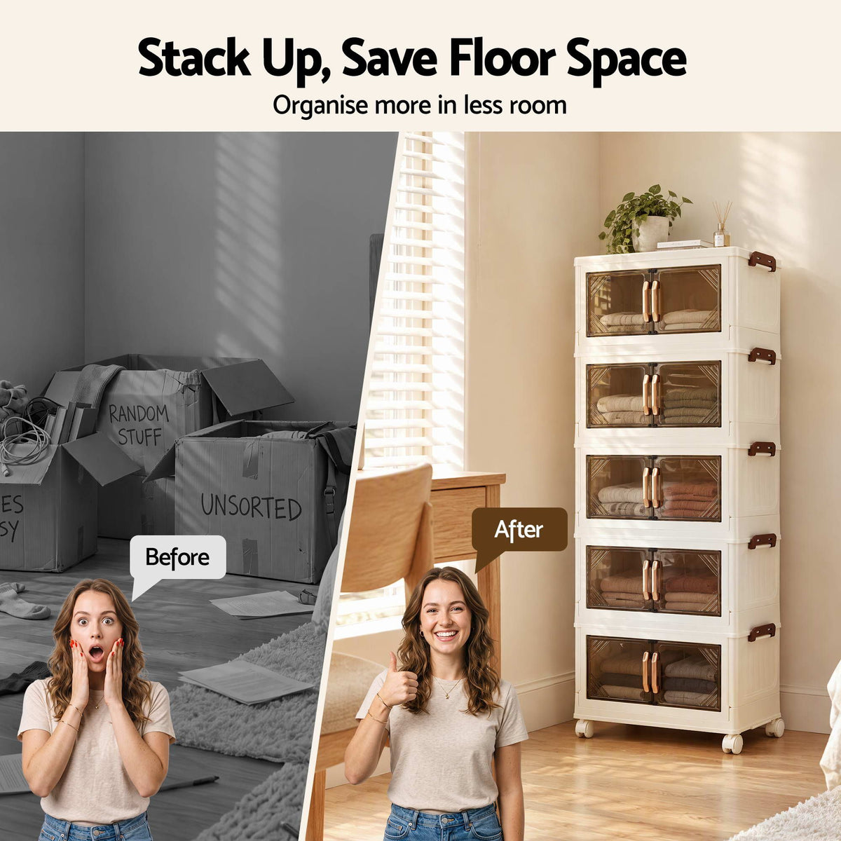 Artiss 5-Tier Foldable Storage Cabinet Stackable Box Clear Magnetic Door White