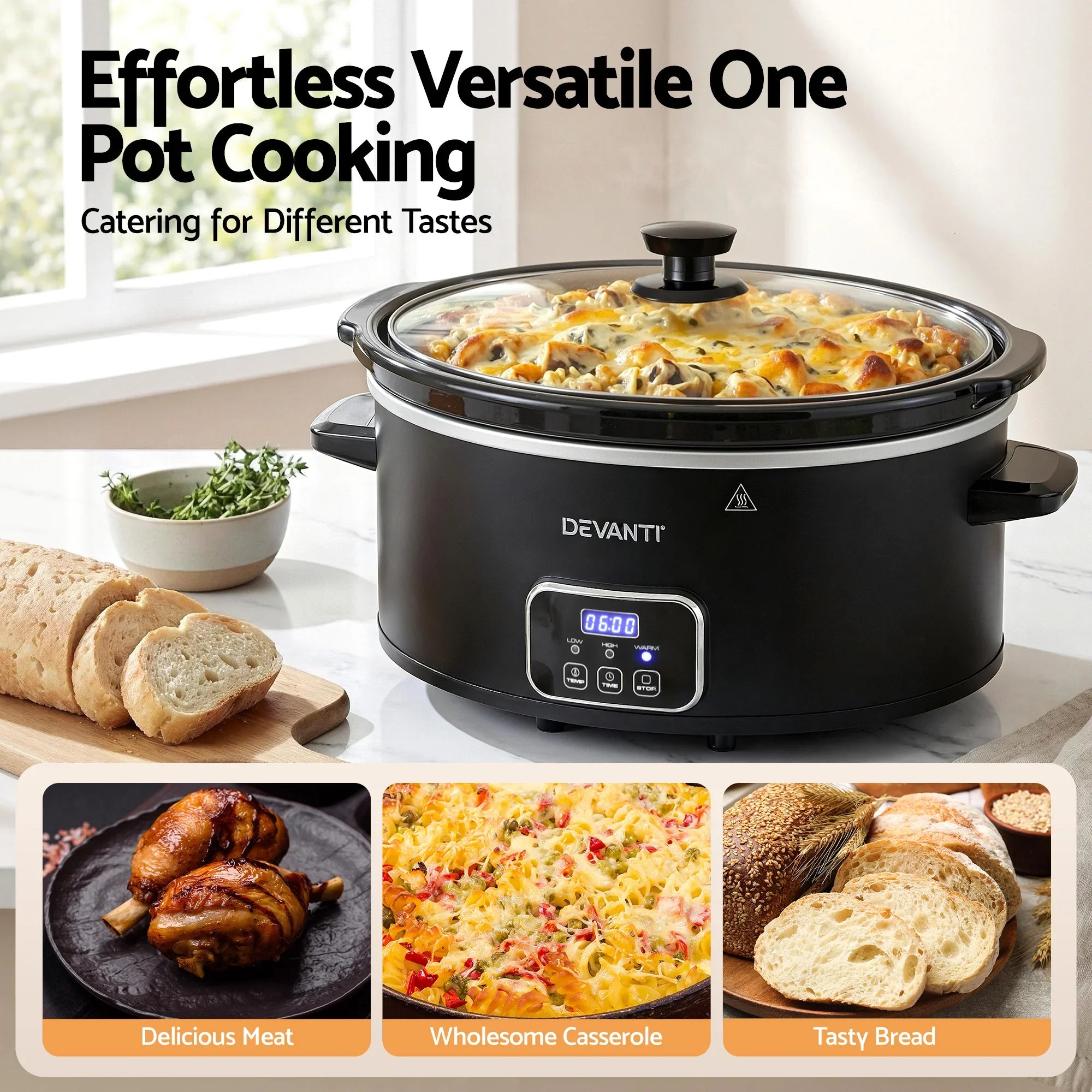 5.6L Slow Cooker Electric Multi Cooker with 3 Heat Settings and Keep Warm Function