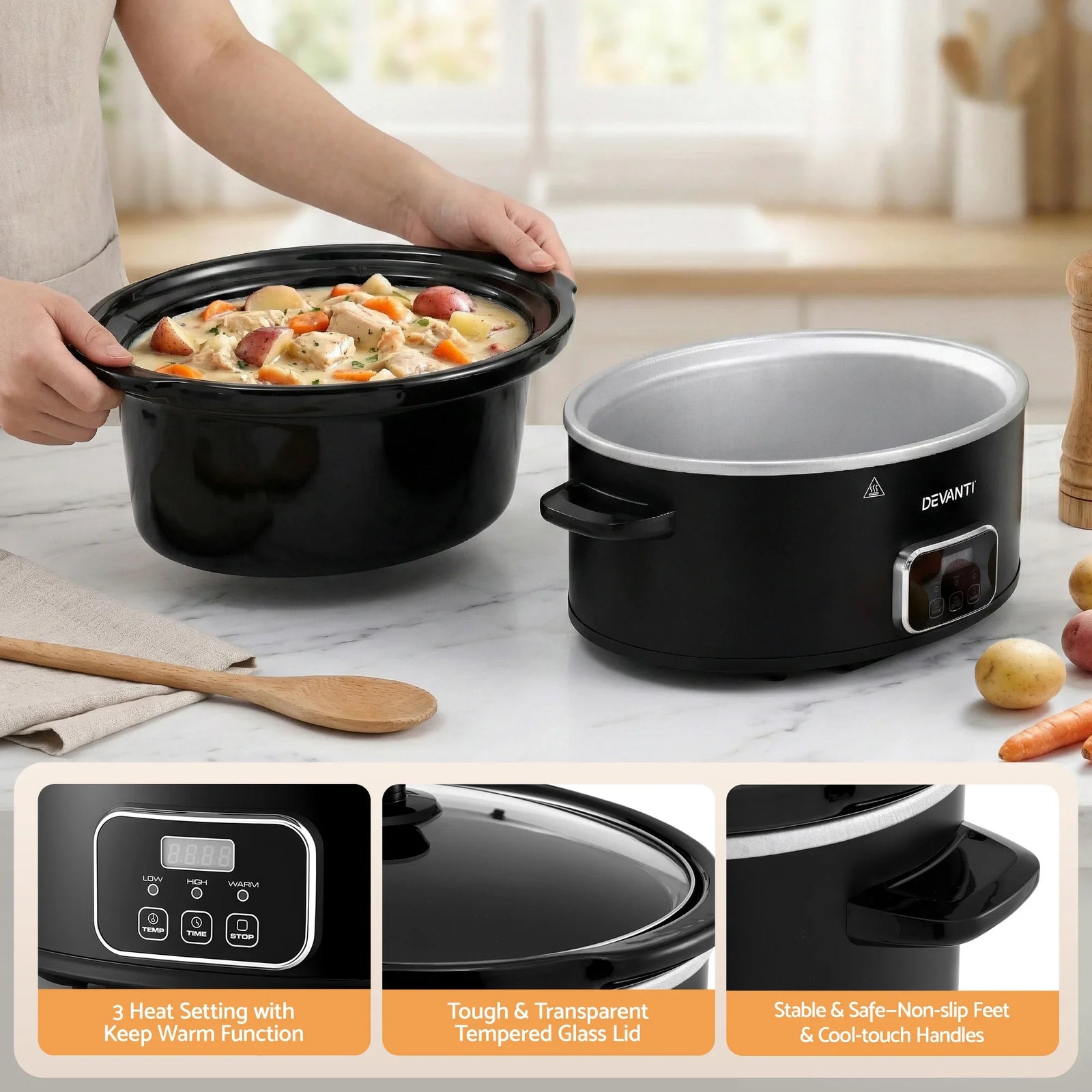 5.6L Slow Cooker Electric Multi Cooker with 3 Heat Settings and Keep Warm Function
