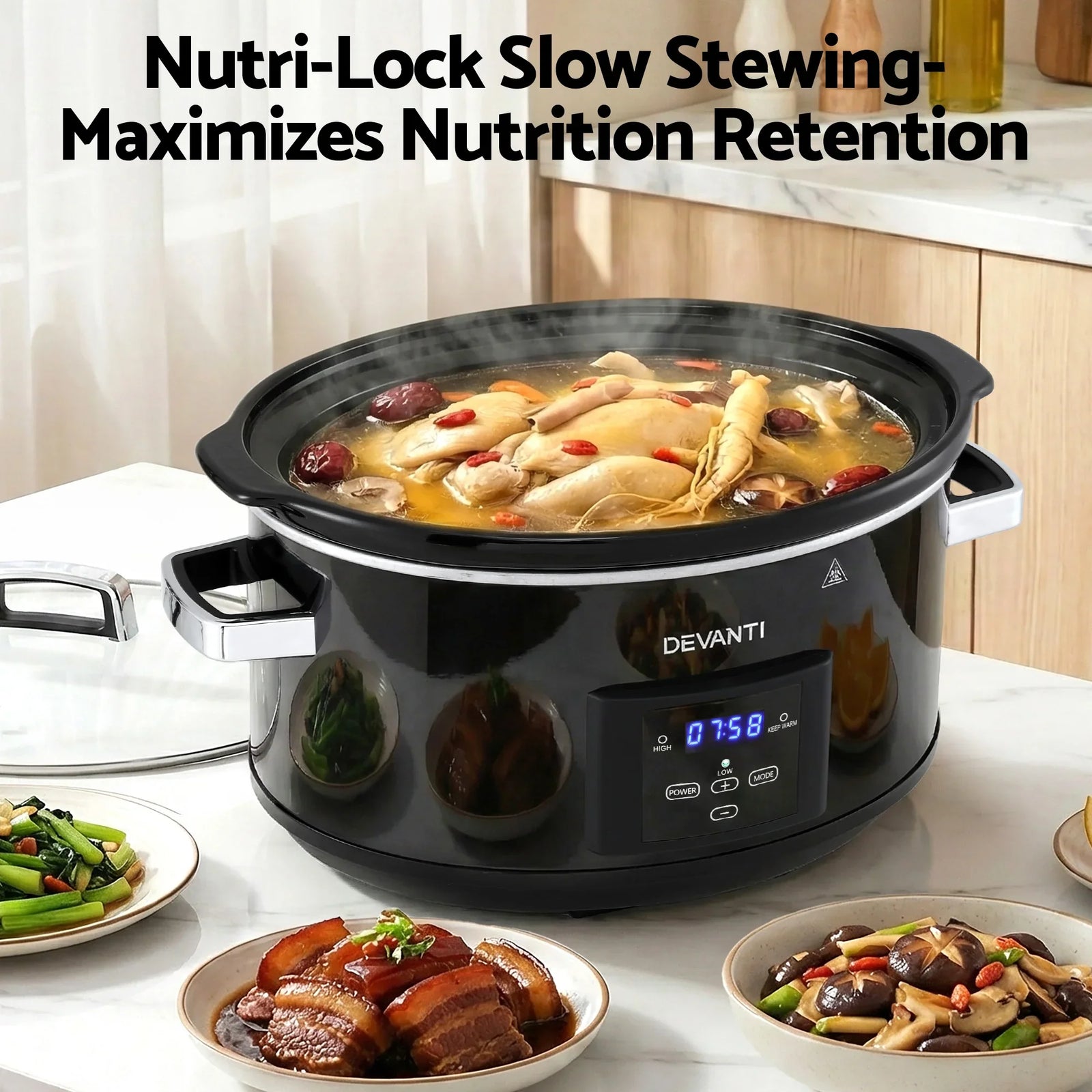 8L Slow Cooker Electric Multi Cooker with 3 Heat Settings and Keep Warm Function
