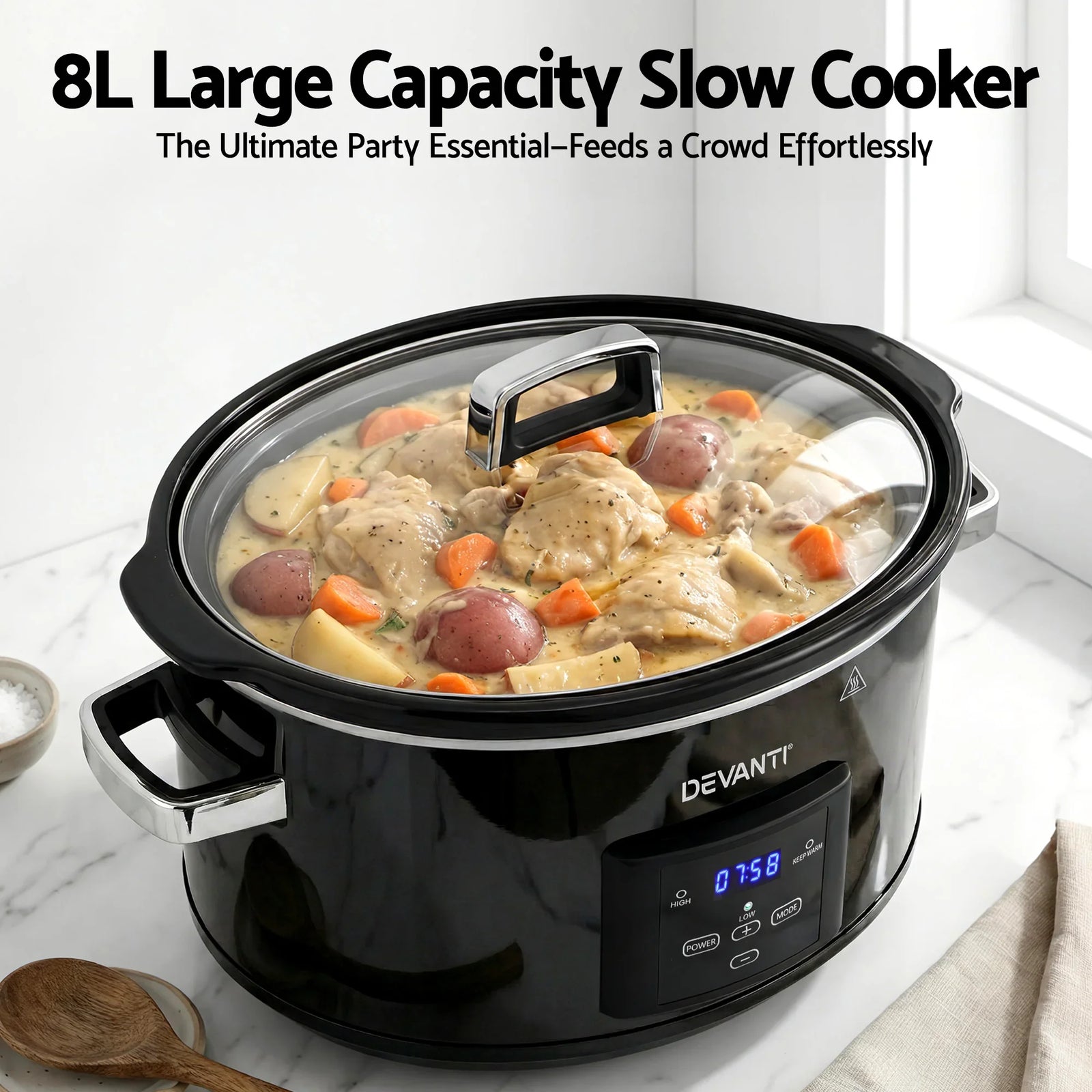 8L Slow Cooker Electric Multi Cooker with 3 Heat Settings and Keep Warm Function