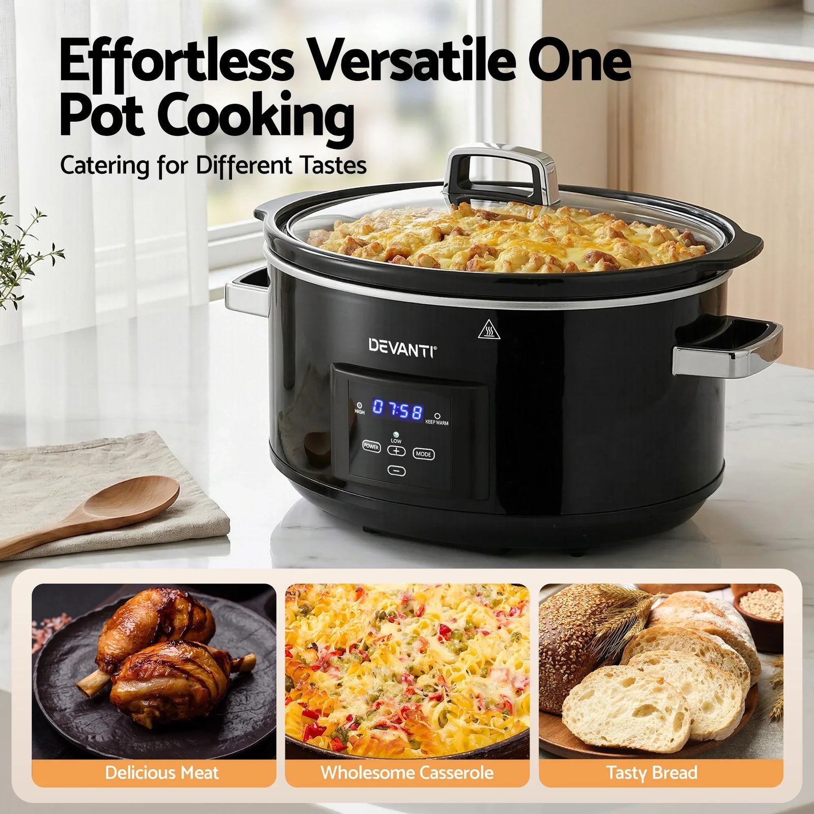 8L Slow Cooker Electric Multi Cooker with 3 Heat Settings and Keep Warm Function