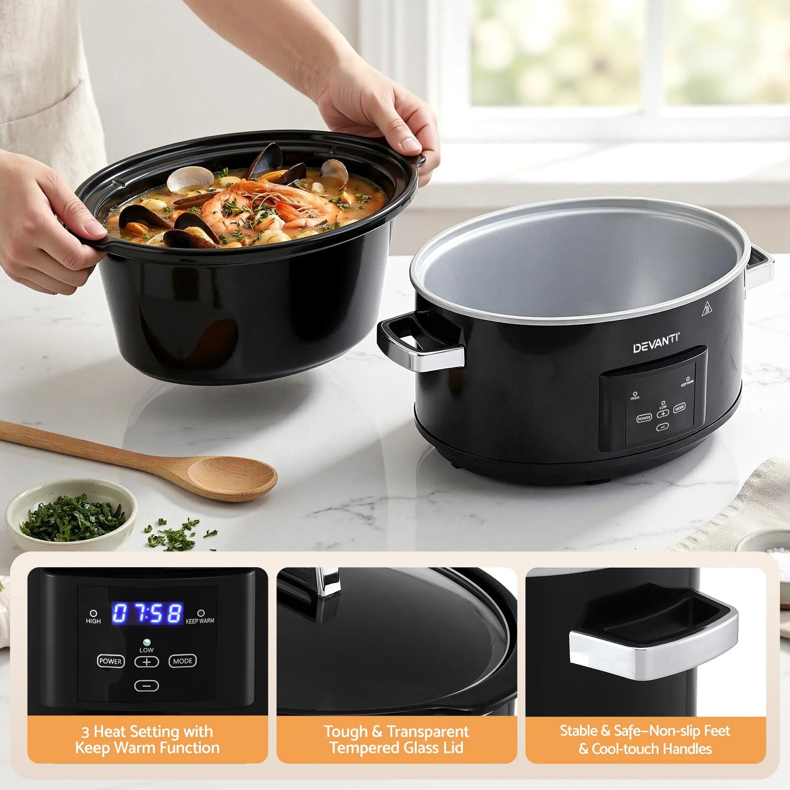8L Slow Cooker Electric Multi Cooker with 3 Heat Settings and Keep Warm Function