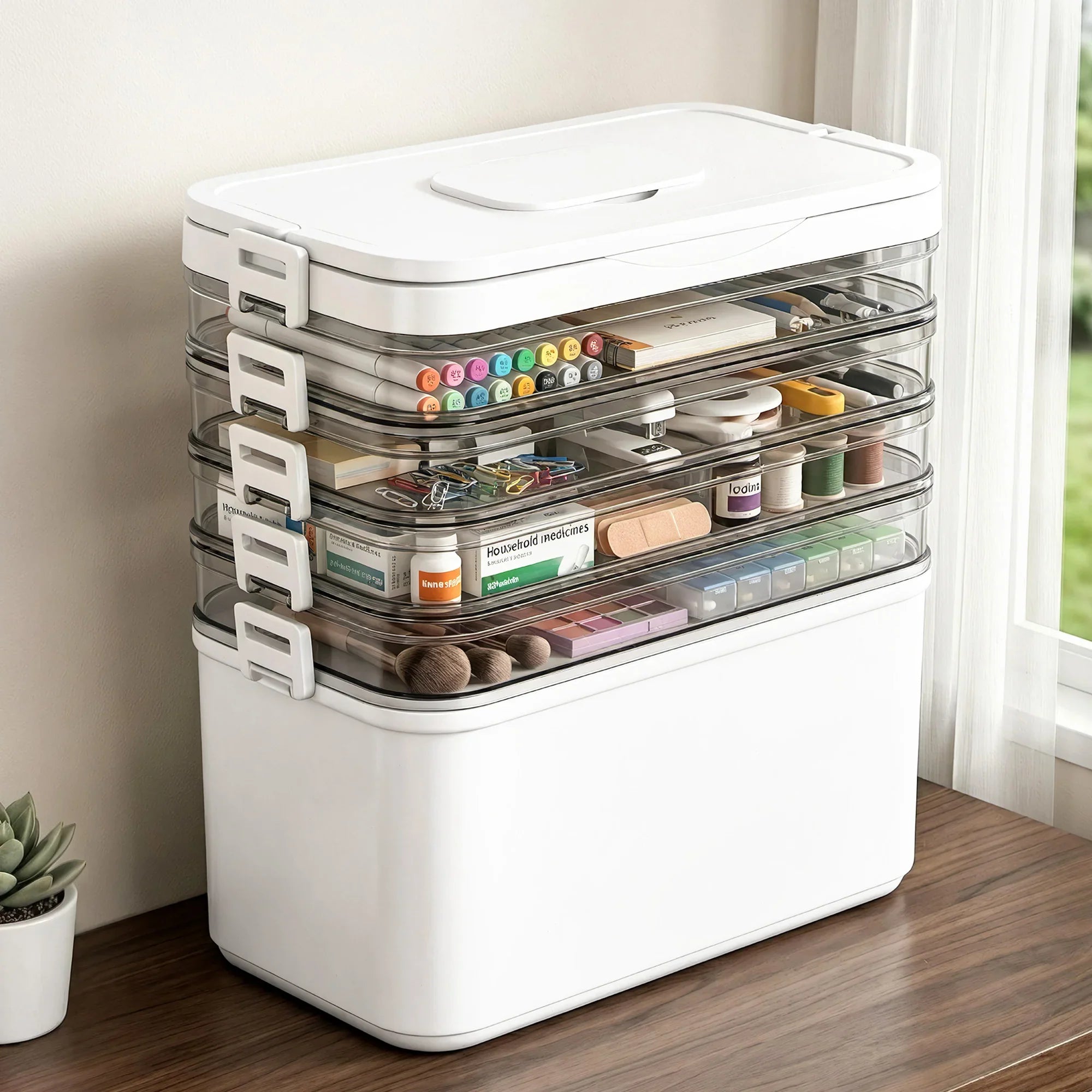 5 Tier Portable Storage Box Detachable with Handles Plastic Clear