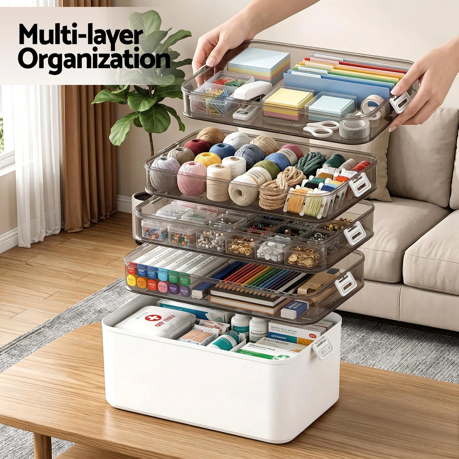 5 Tier Portable Storage Box Detachable with Handles Plastic Clear