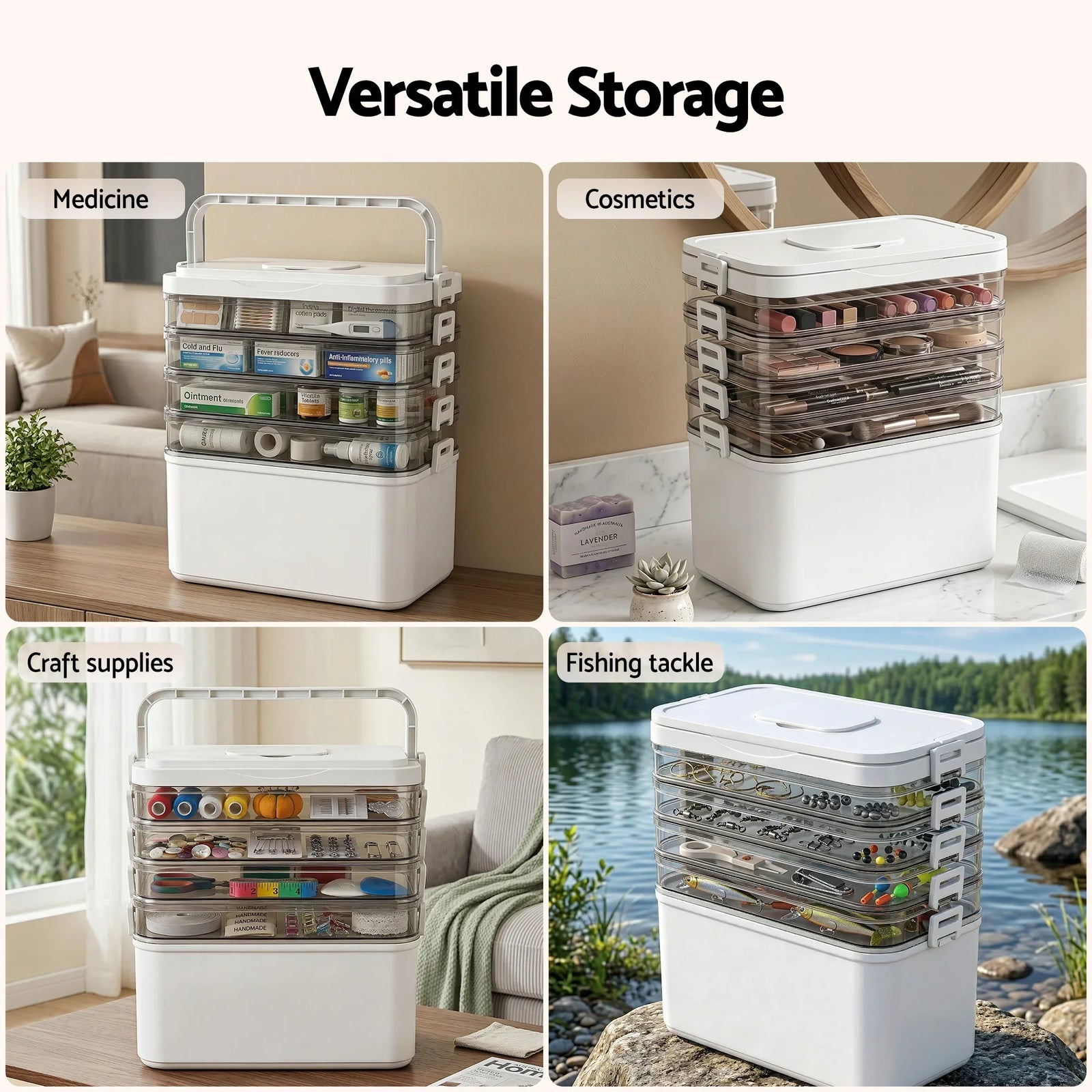 5 Tier Portable Storage Box Detachable with Handles Plastic Clear