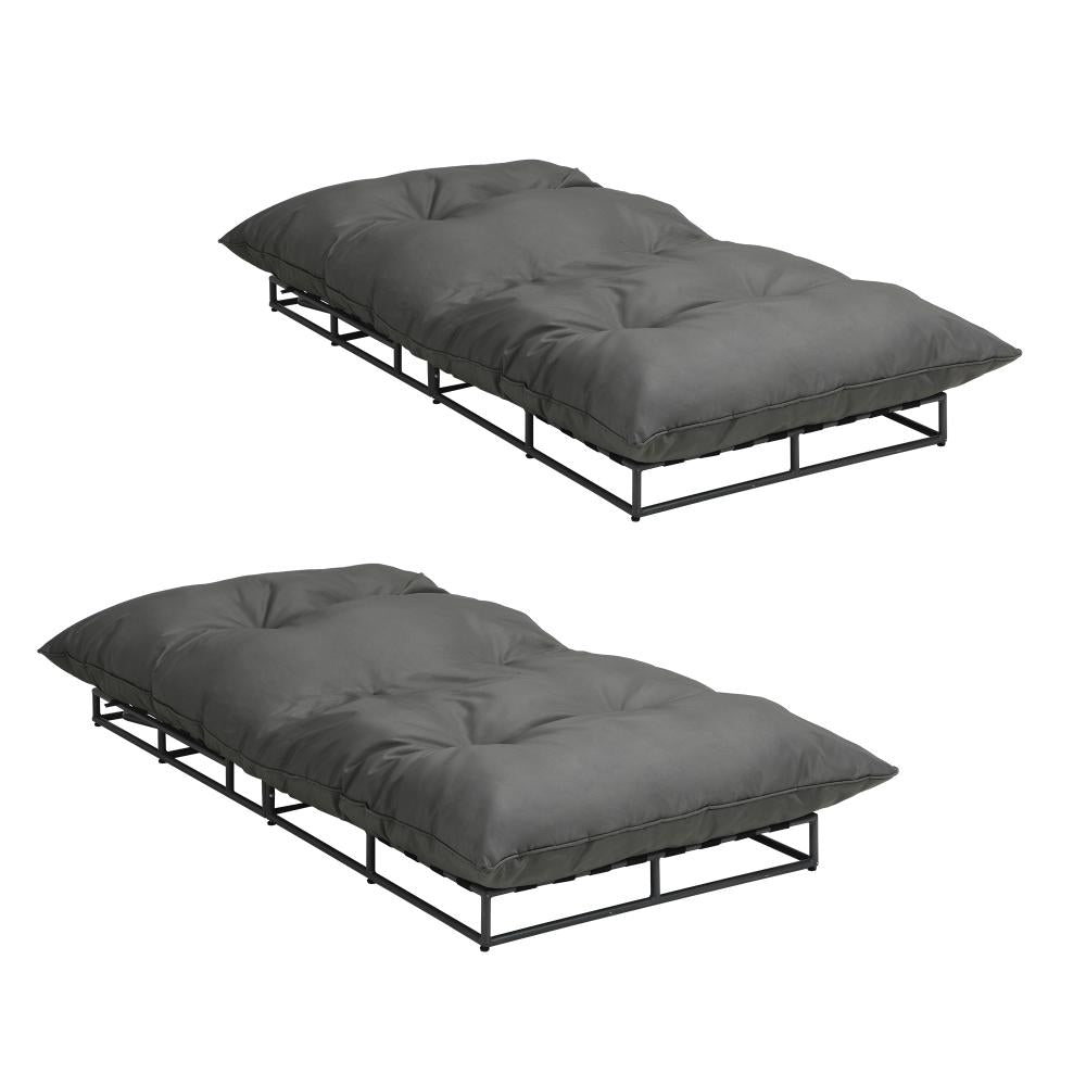 Outdoor Sun Bed Metal Frame Grey Cushion X2