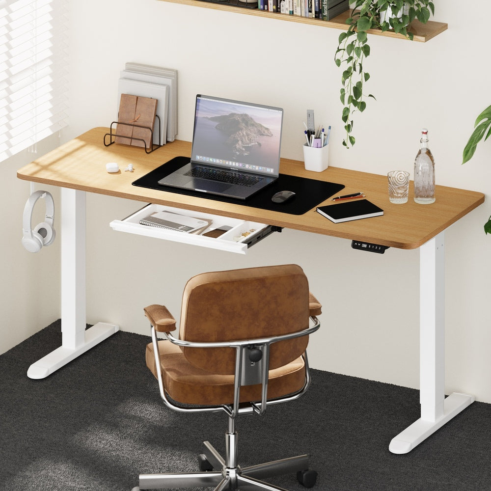 160cm Standing Desk With Drawer Motorized Adjustable White