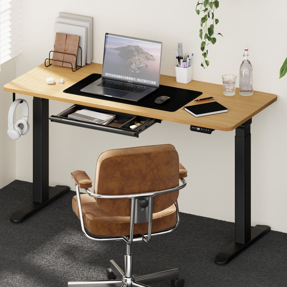 150cm Electric Standing Desk with Drawer Adjustable Black Oak