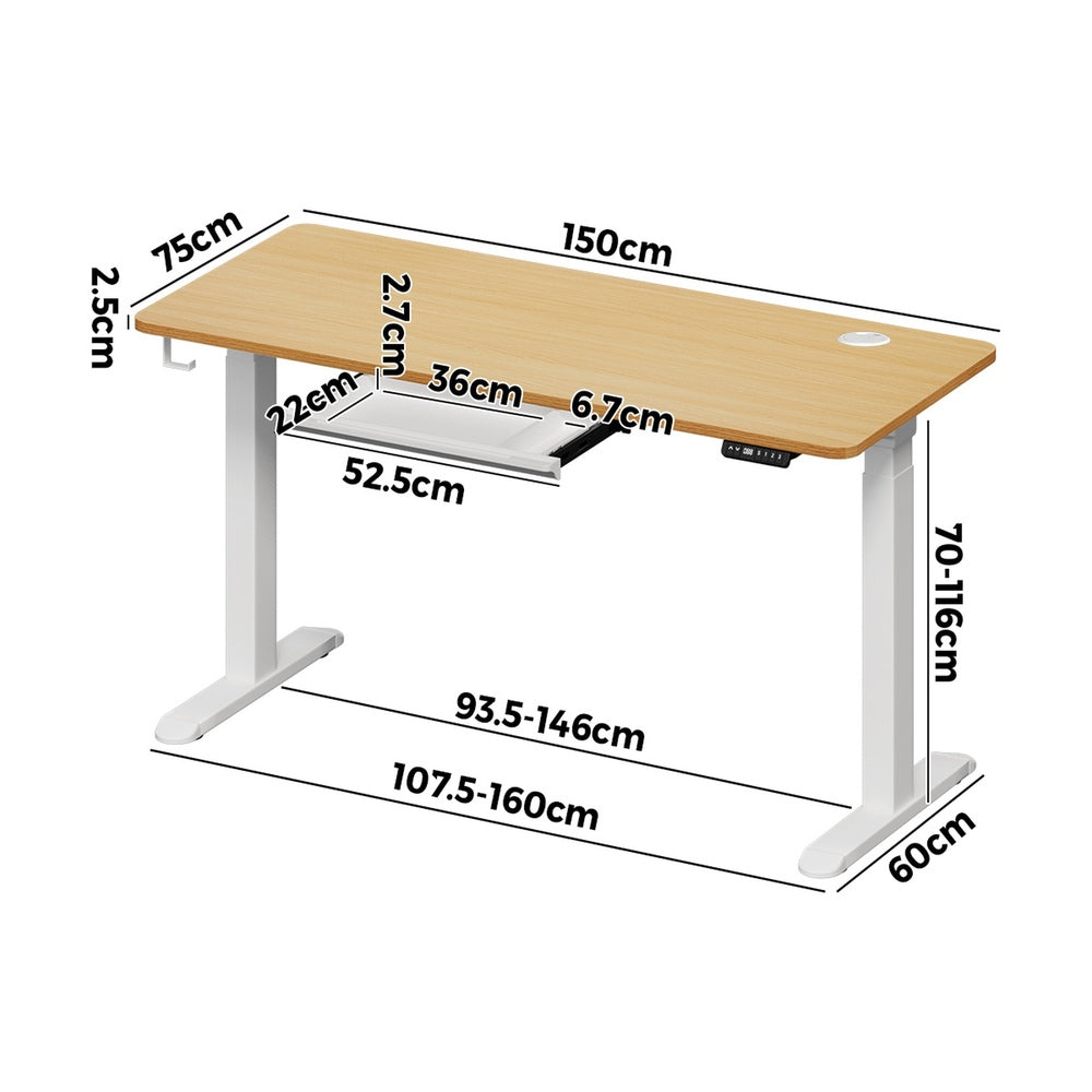 150cm Electric Standing Desk with Drawer Adjustable White Oak