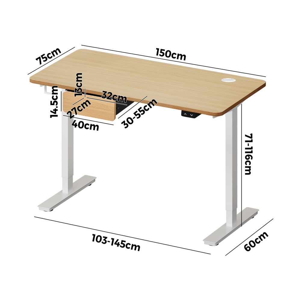 150cm Electric Standing Desk w/ Drawer Adjustable White Oak