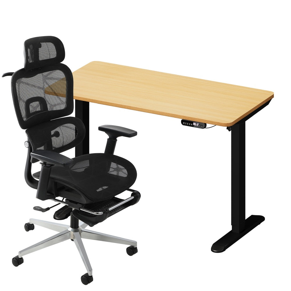 Oikiture Office Desk and Chair Set Mesh Ergonomic Chair Sit-stand Desk Black&Oak