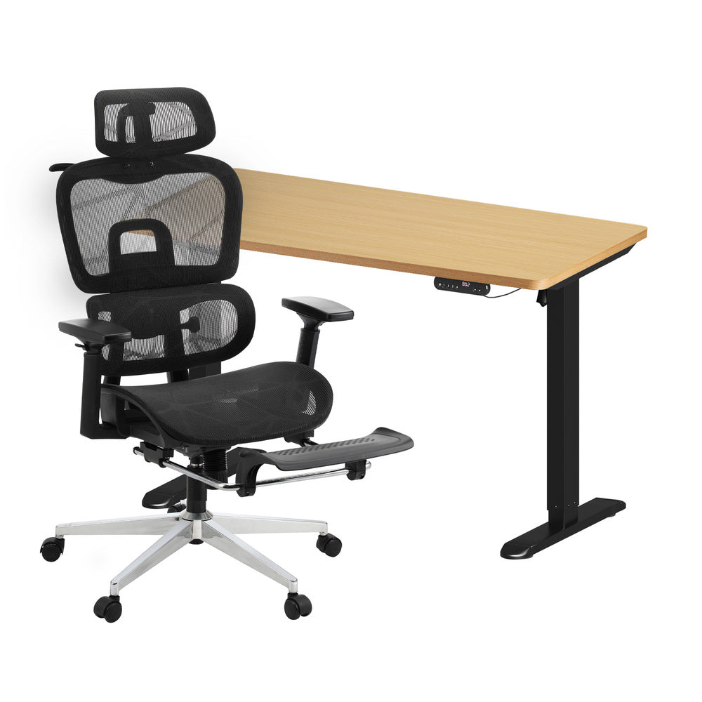 Oikiture Office Desk and Chair Set Mesh Ergonomic Chair Sit-stand Desk Black&Oak