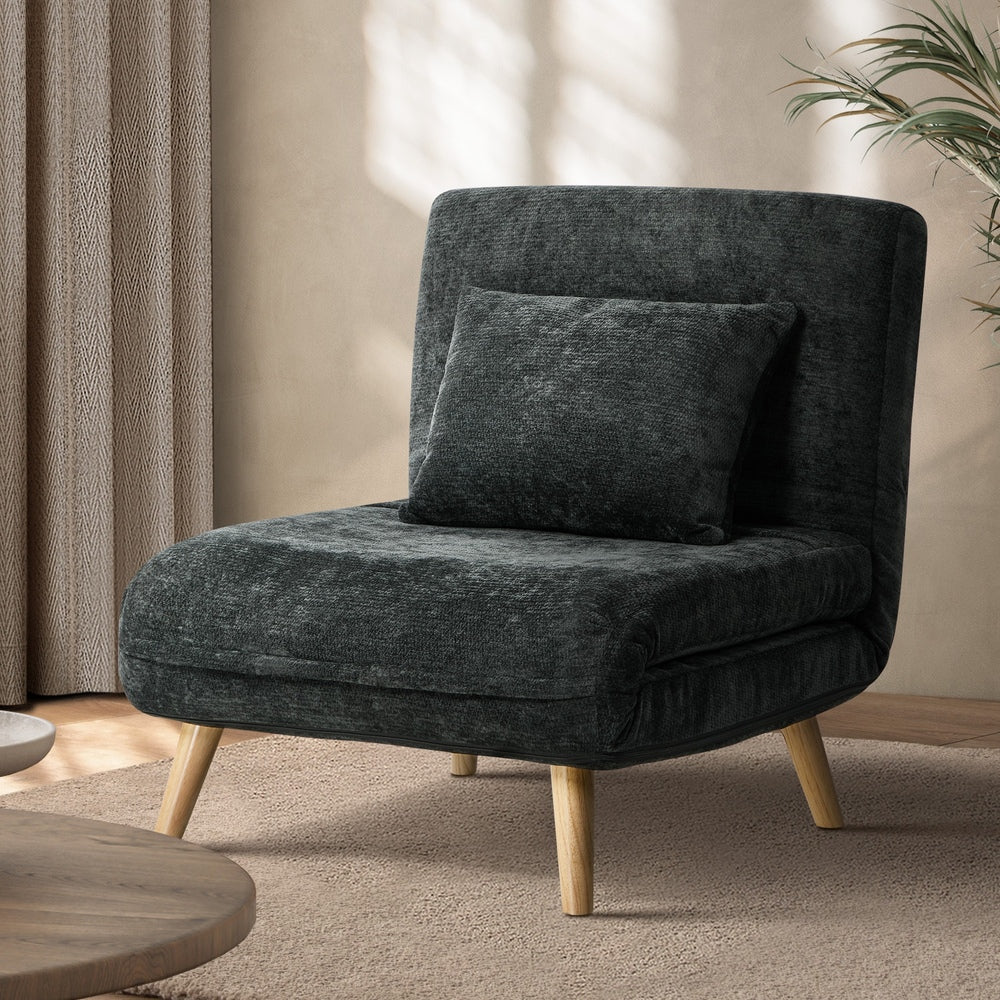 Sofa Bed Chair Chenille Recliner Wooden Leg Single Charcoal