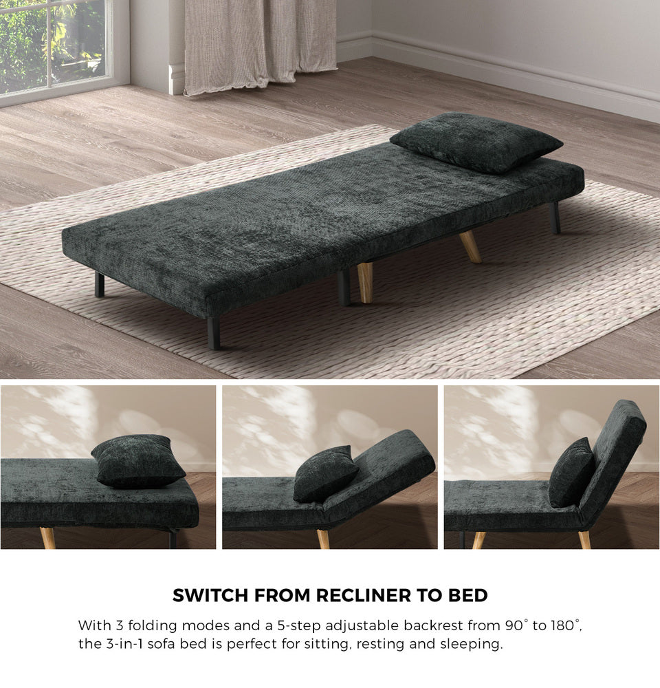 Sofa Bed Chair Chenille Recliner Wooden Leg Single Charcoal