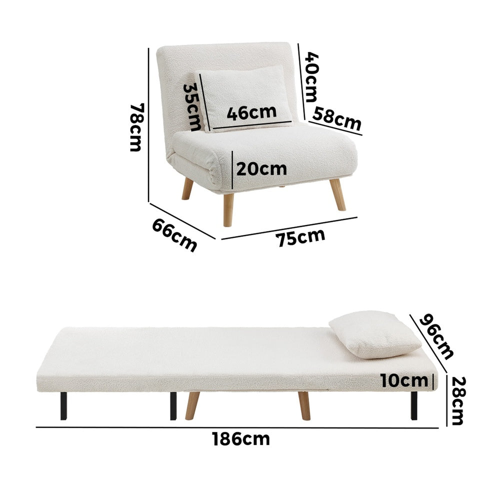 Lounge Sofa Bed Sherpa Fabric Single Seat White