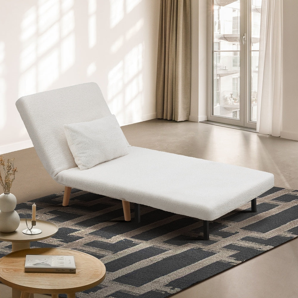 Lounge Sofa Bed Sherpa Fabric Single Seat White