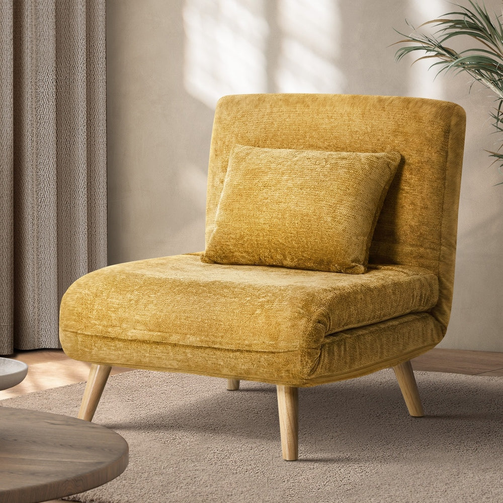 Sofa Bed Chair Chenille Recliner Wooden Legs Single Yellow