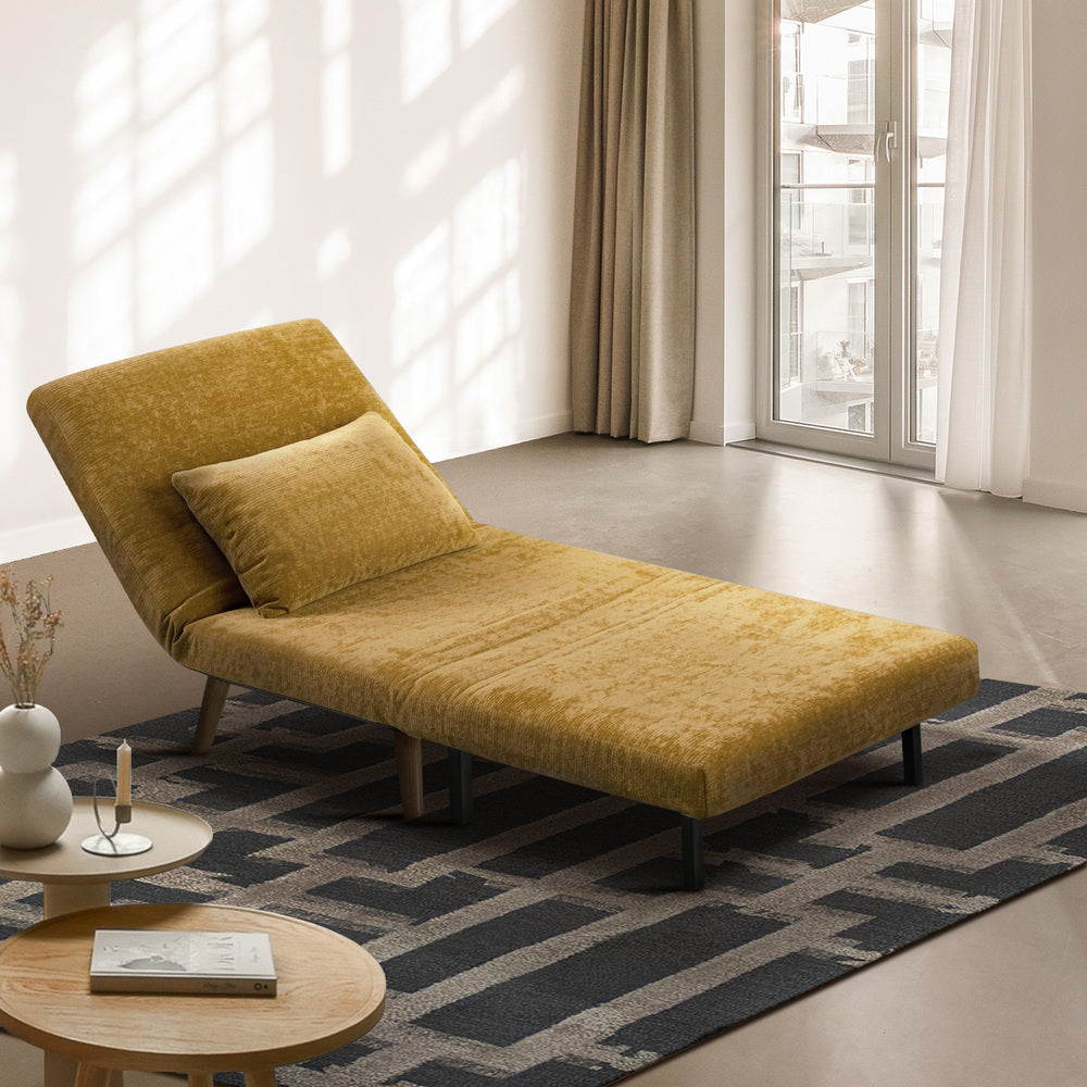 Sofa Bed Chair Chenille Recliner Wooden Legs Single Yellow