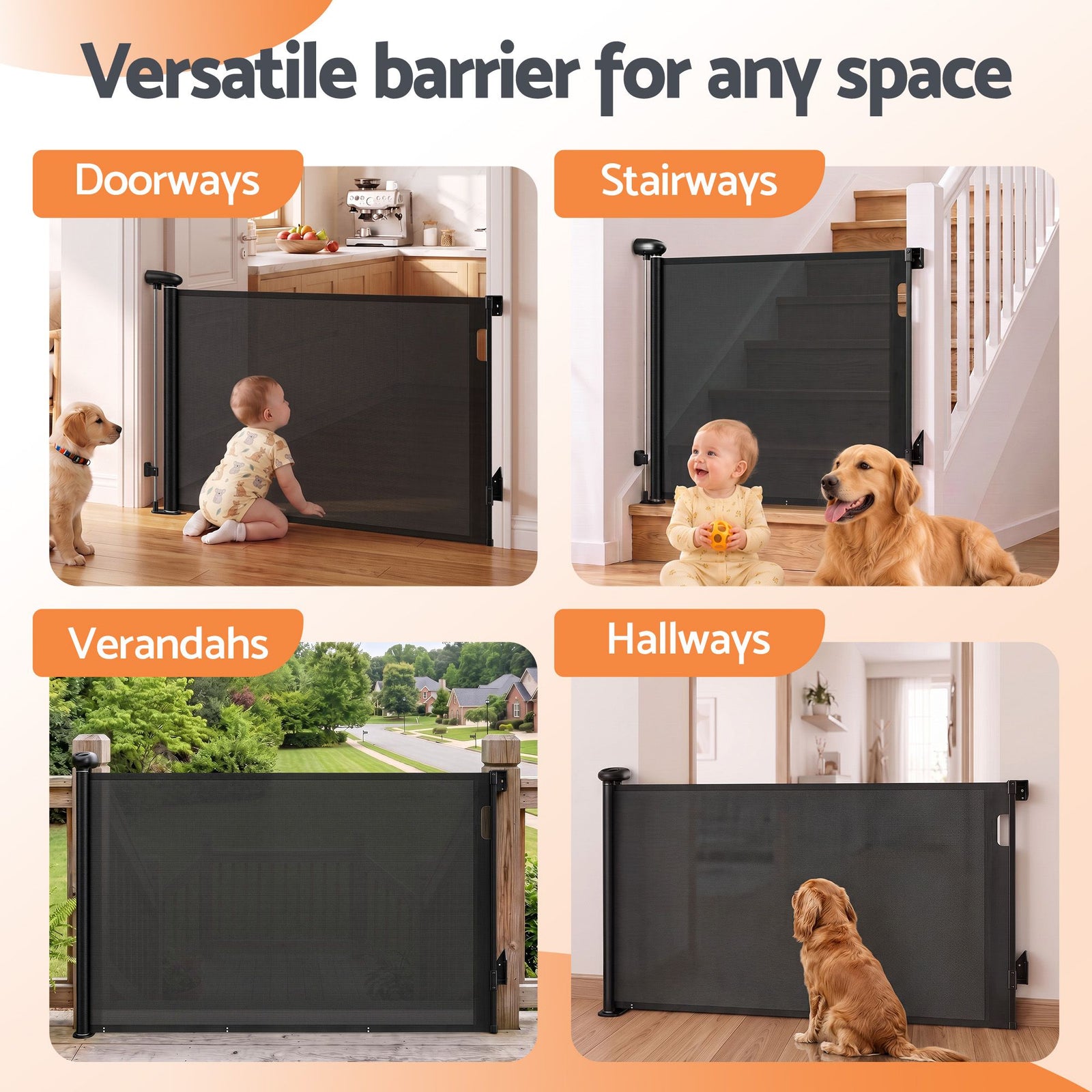 Keezi Retractable Gate Baby Gate Pet Safety Fence Extends up to 140cm Black