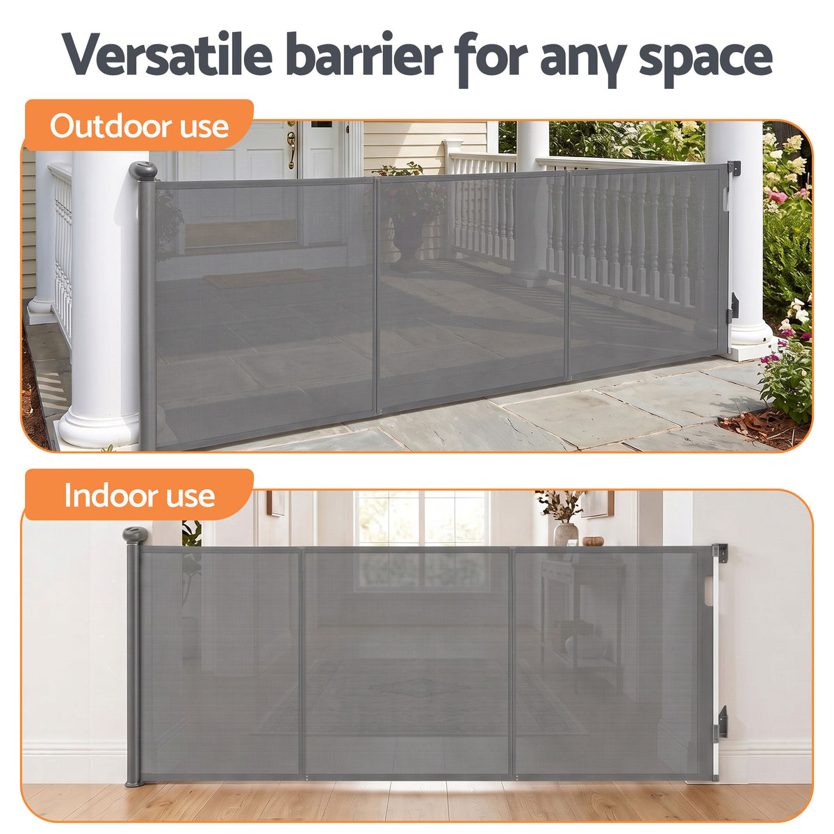 Retractable Baby Gate & Pet Safety Fence, Extends to 400cm, Grey Colour