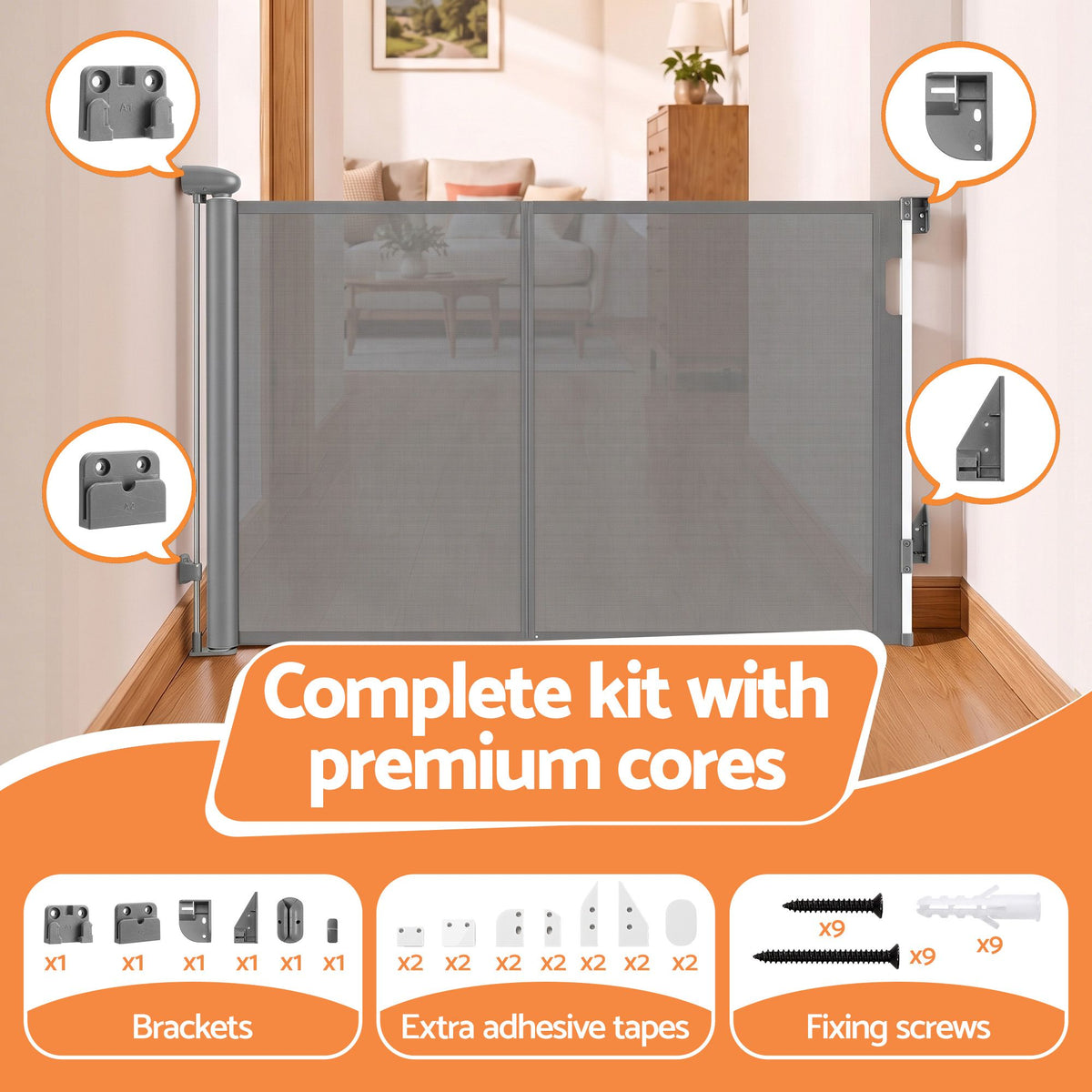 Retractable Baby Gate & Pet Safety Fence, Extends to 400cm, Grey Colour