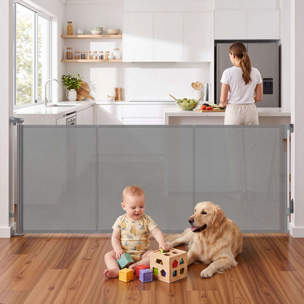 Retractable Baby Gate & Pet Safety Fence, Extends to 400cm, Grey Colour