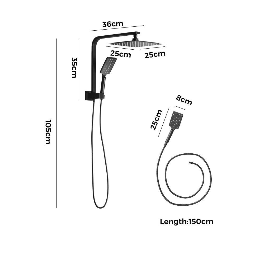 10" Rain Shower Head Set Square 3-Mode Gooseneck Black