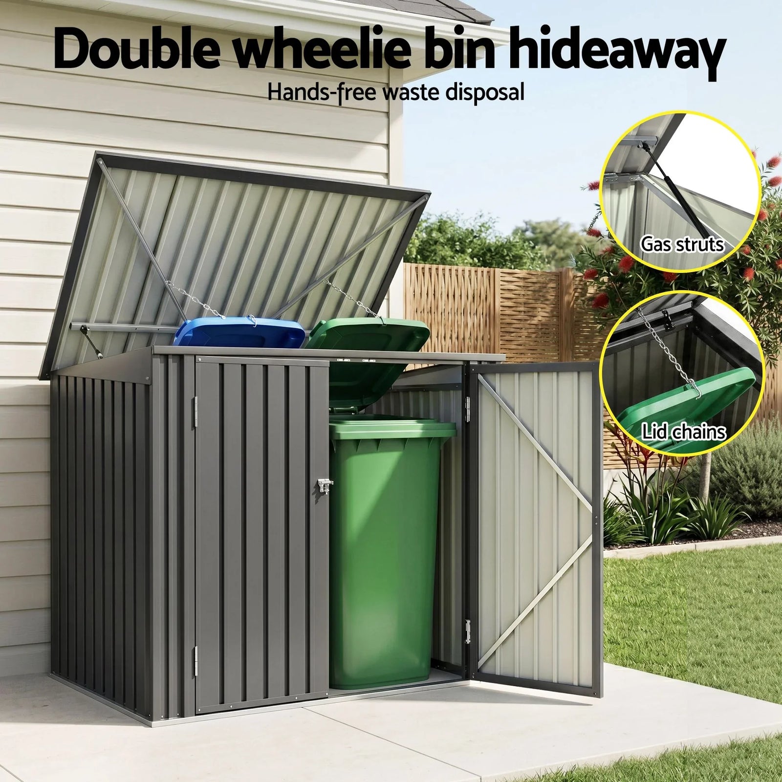 Outdoor Bin Storage Shed – Fits 2×240L Bins, Galvanised Steel, Grey