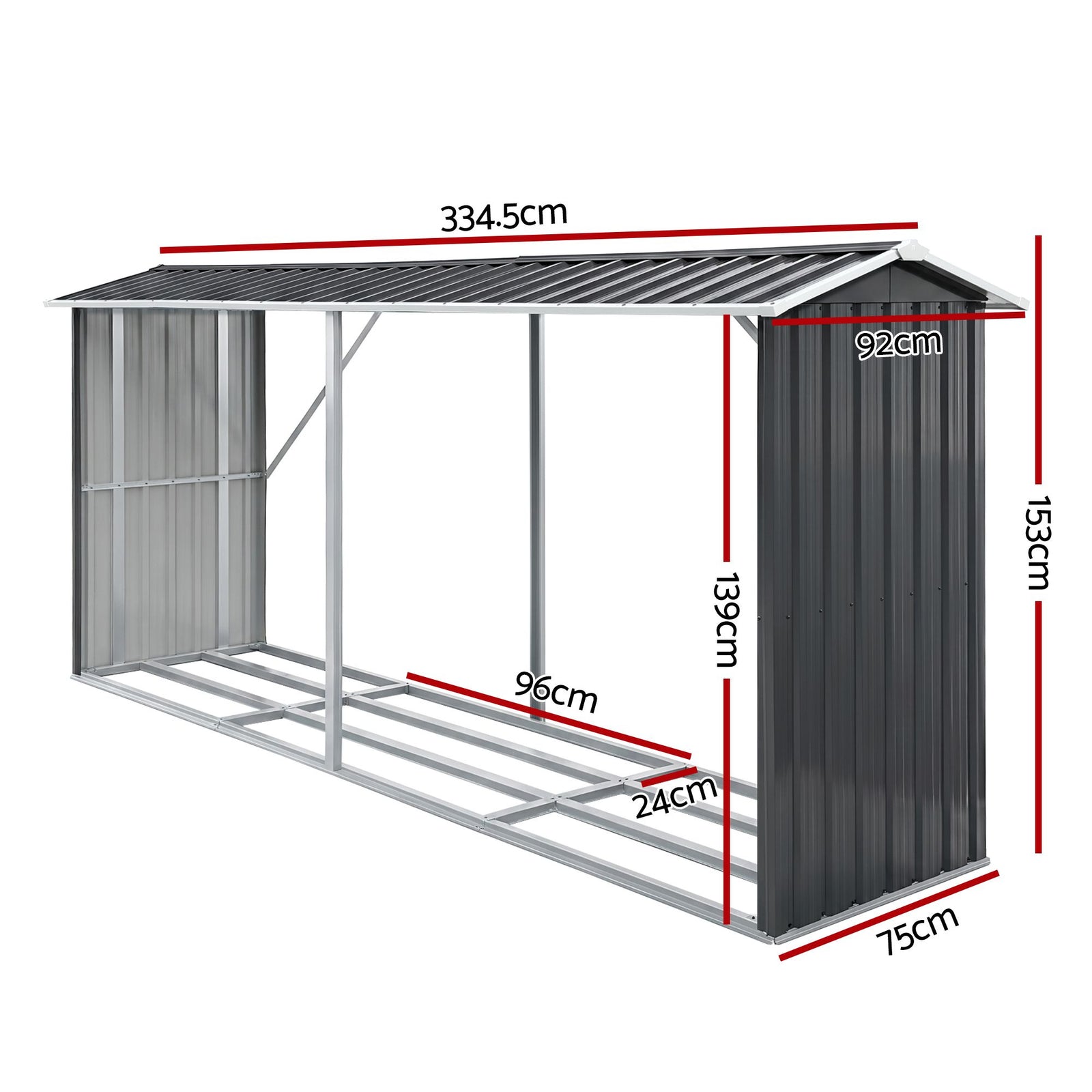 Firewood Storage Shed 334.5CM x 92CM Outdoor Log Rack Galvanised Steel Wood Holder