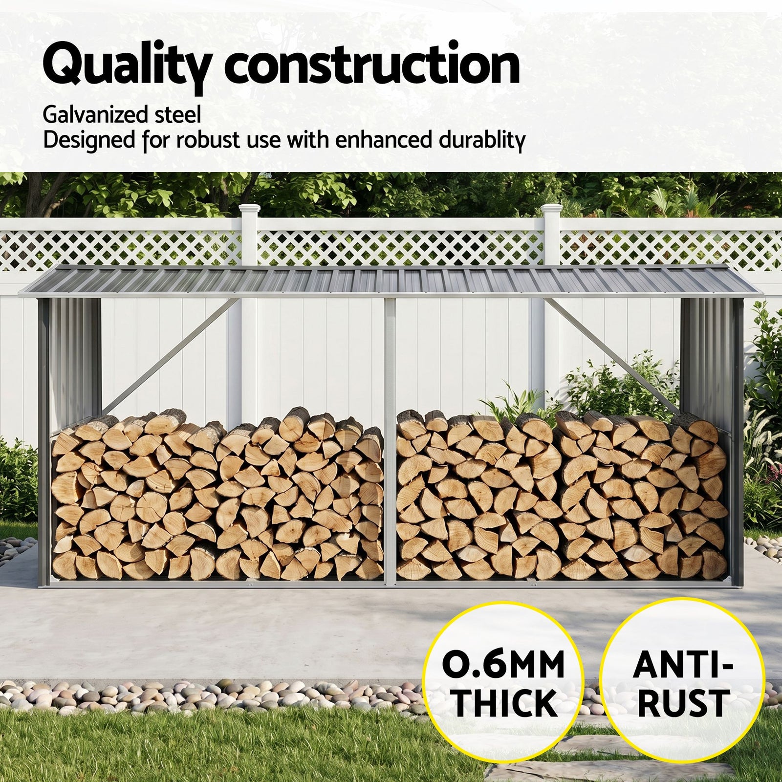 Firewood Storage Shed 334.5CM x 92CM Outdoor Log Rack Galvanised Steel Wood Holder