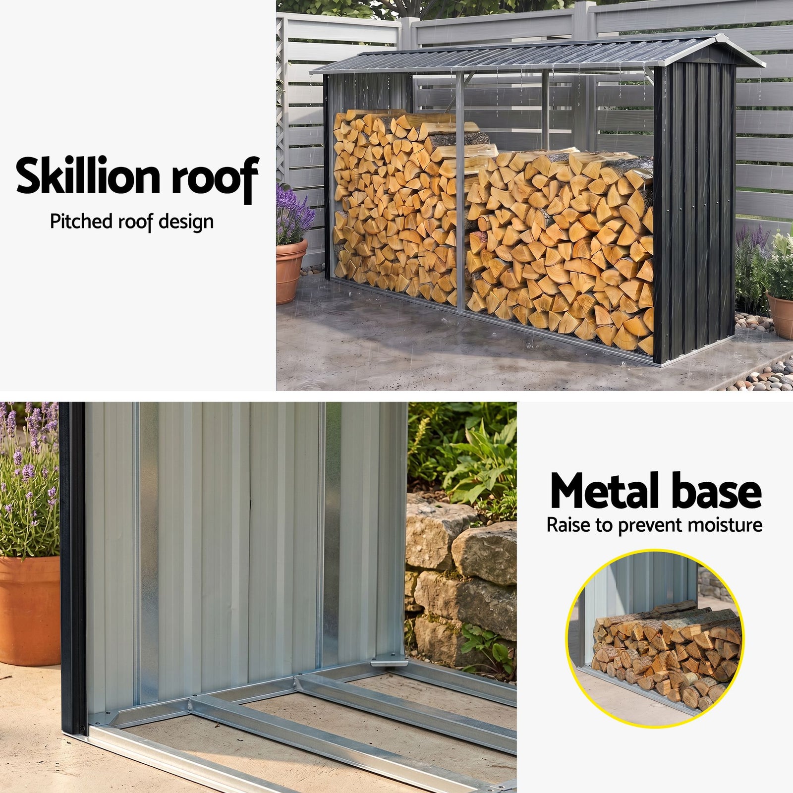 Firewood Storage Shed 334.5CM x 92CM Outdoor Log Rack Galvanised Steel Wood Holder