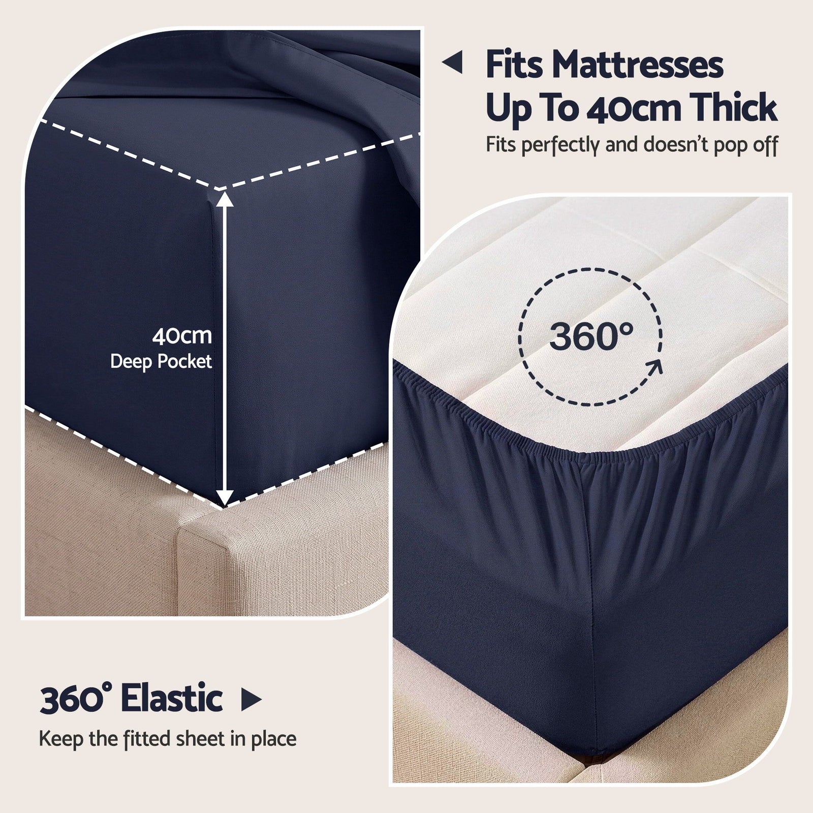 Giselle Kingsingle 500TC Cotton 4Pcs Sheet Set with 40cm Extra Deep Pocket for Thick Mattresses Sateen Weave for Sweaty Nights Navy Blue