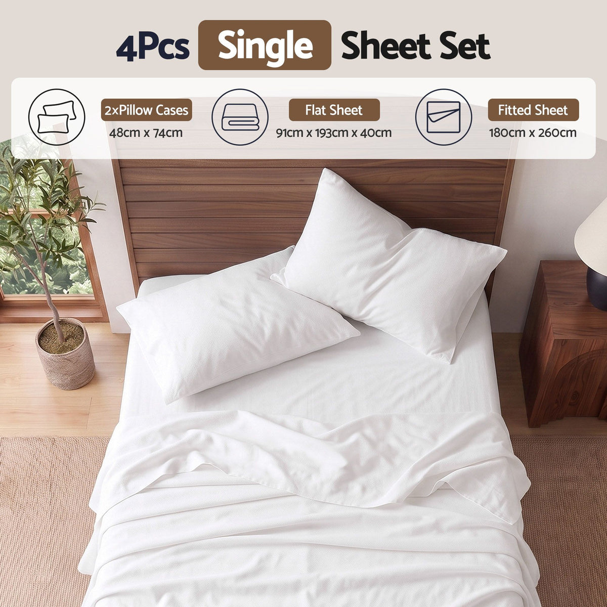 Single 500TC Cotton 4Pcs Sheet Set 40cm Deep Pocket White Bundle