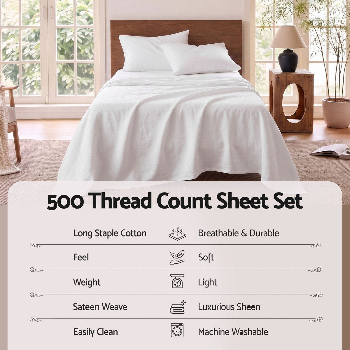 Single 500TC Cotton 4Pcs Sheet Set 40cm Deep Pocket White Bundle