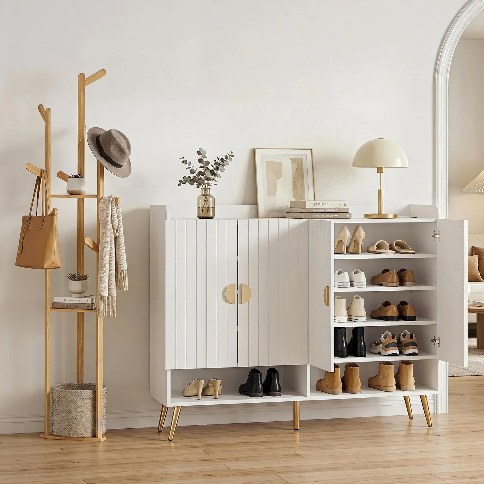 2‑Piece Entryway Set – 5‑Tier Shoe Cabinet & Bamboo Coat Rack, White/Pine