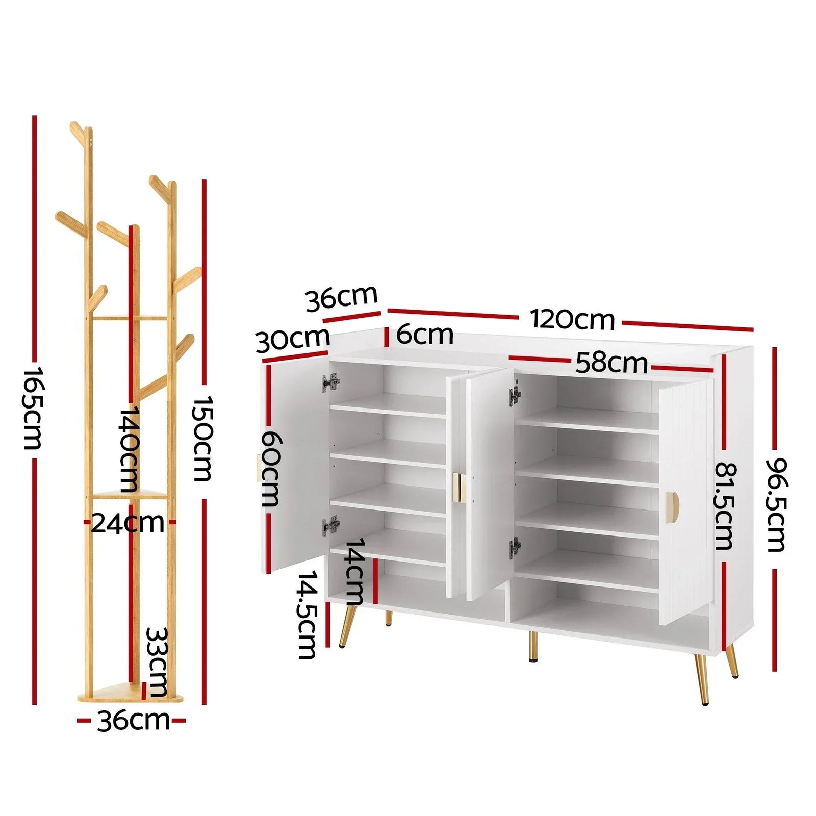 2‑Piece Entryway Set – 5‑Tier Shoe Cabinet & Bamboo Coat Rack, White/Pine