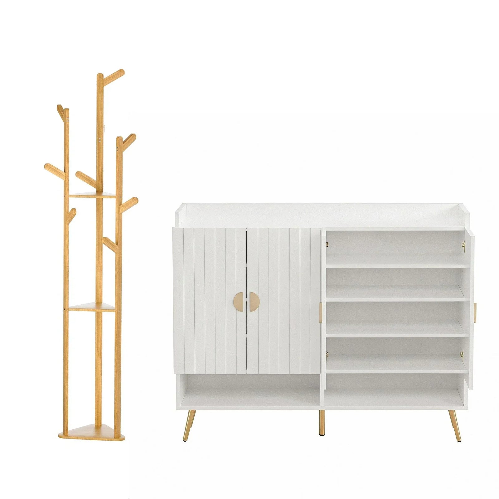 2‑Piece Entryway Set – 5‑Tier Shoe Cabinet & Bamboo Coat Rack, White/Pine