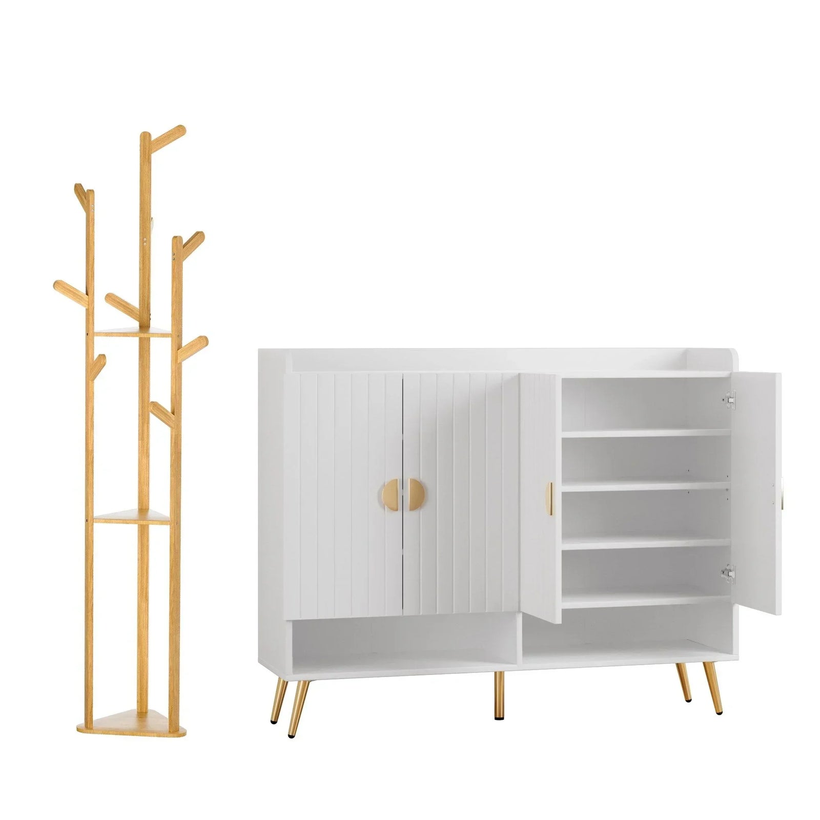 2‑Piece Entryway Set – 5‑Tier Shoe Cabinet & Bamboo Coat Rack, White/Pine