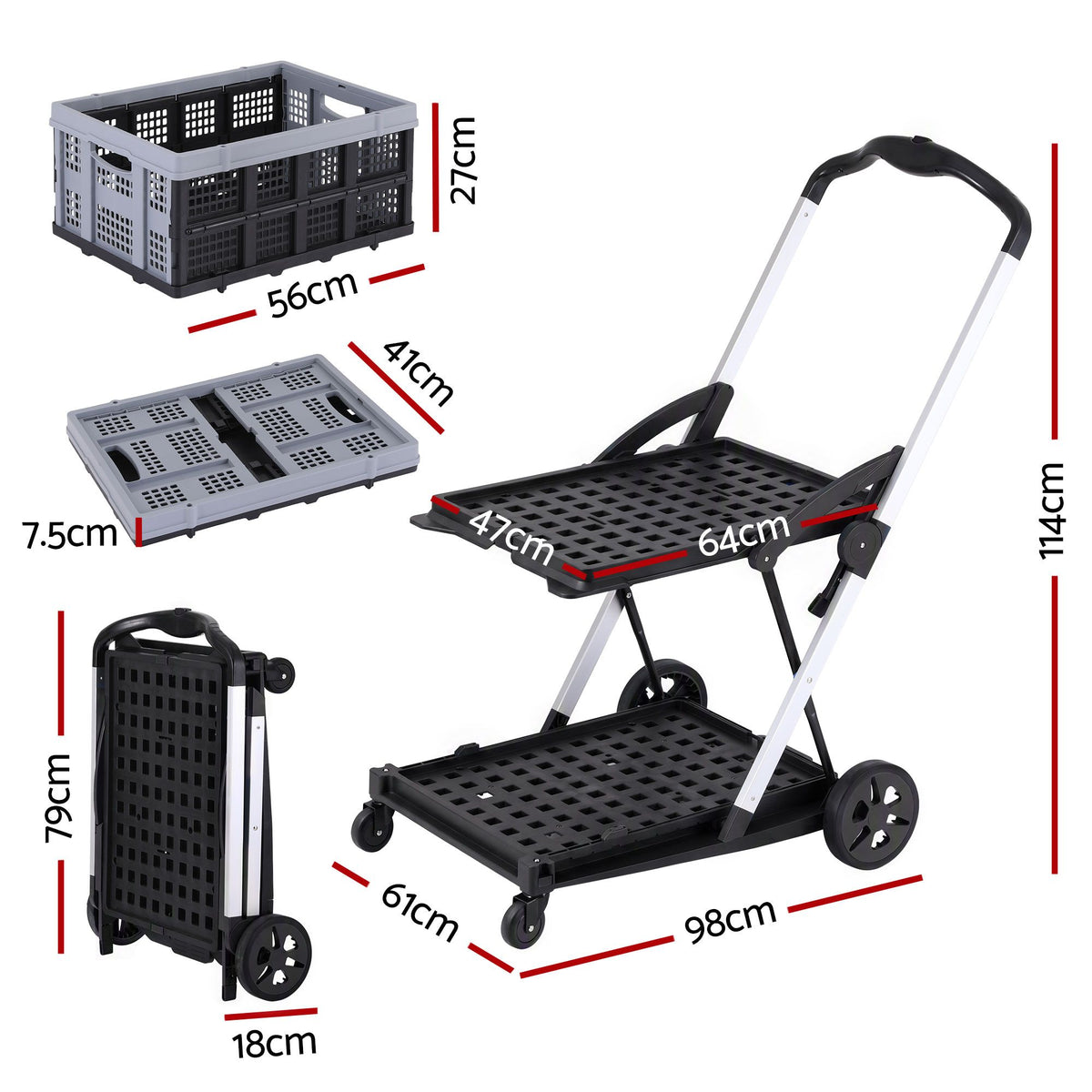 Shopping Trolley with Wheels 2 Layer w/1 Crate Foldable Trolley Grey