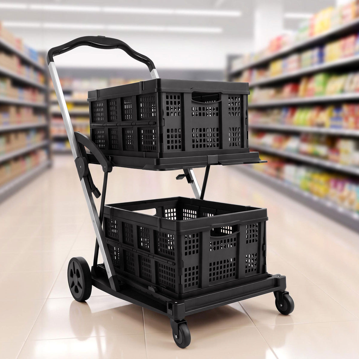 Shopping Trolley with Wheels 2 Layer w/2 Crates Foldable Trolley Black