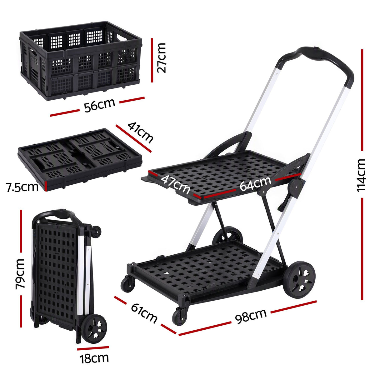 Shopping Trolley with Wheels 2 Layer w/2 Crates Foldable Trolley Black