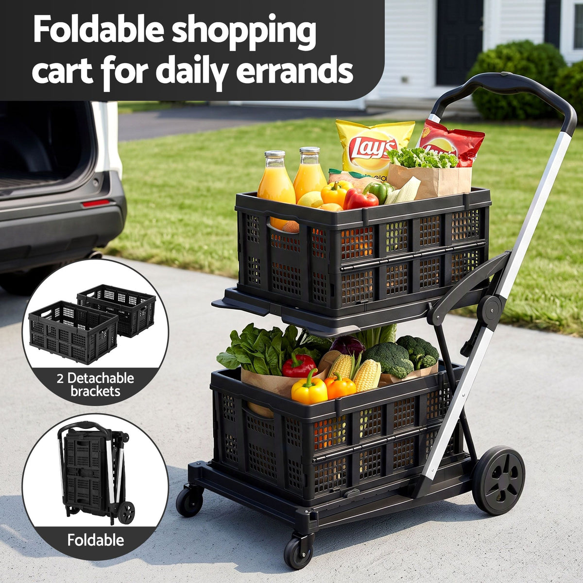 Shopping Trolley with Wheels 2 Layer w/2 Crates Foldable Trolley Black