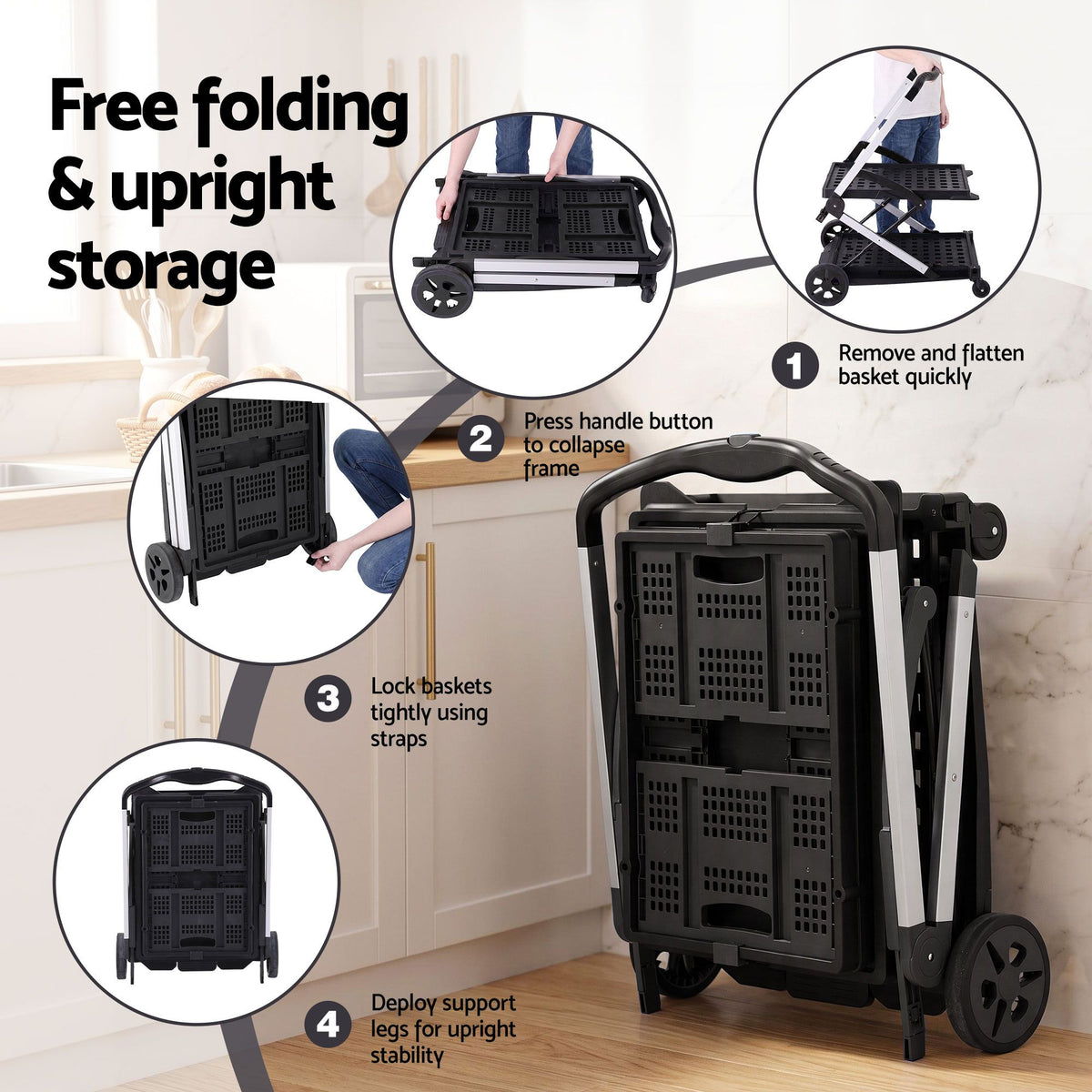 Shopping Trolley with Wheels 2 Layer w/2 Crates Foldable Trolley Black