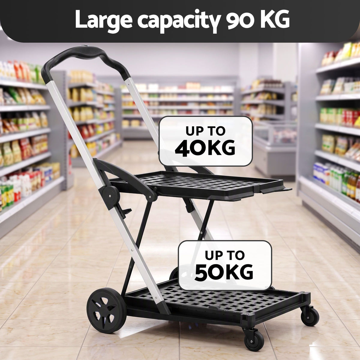Shopping Trolley with Wheels 2 Layer w/2 Crates Foldable Trolley Black