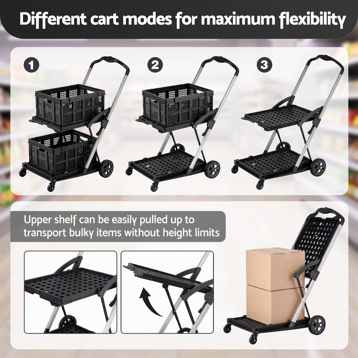 Shopping Trolley with Wheels 2 Layer w/2 Crates Foldable Trolley Black