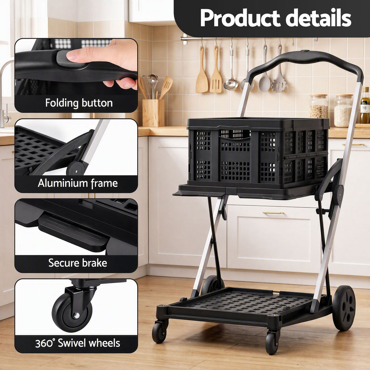 Shopping Trolley with Wheels 2 Layer w/2 Crates Foldable Trolley Black